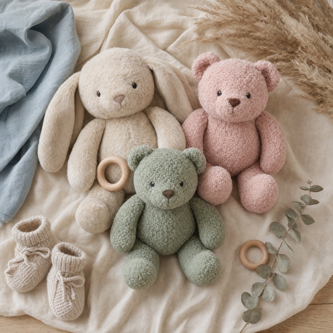 Max & Boo plush bunny and teddy bears in a soft nursery setting