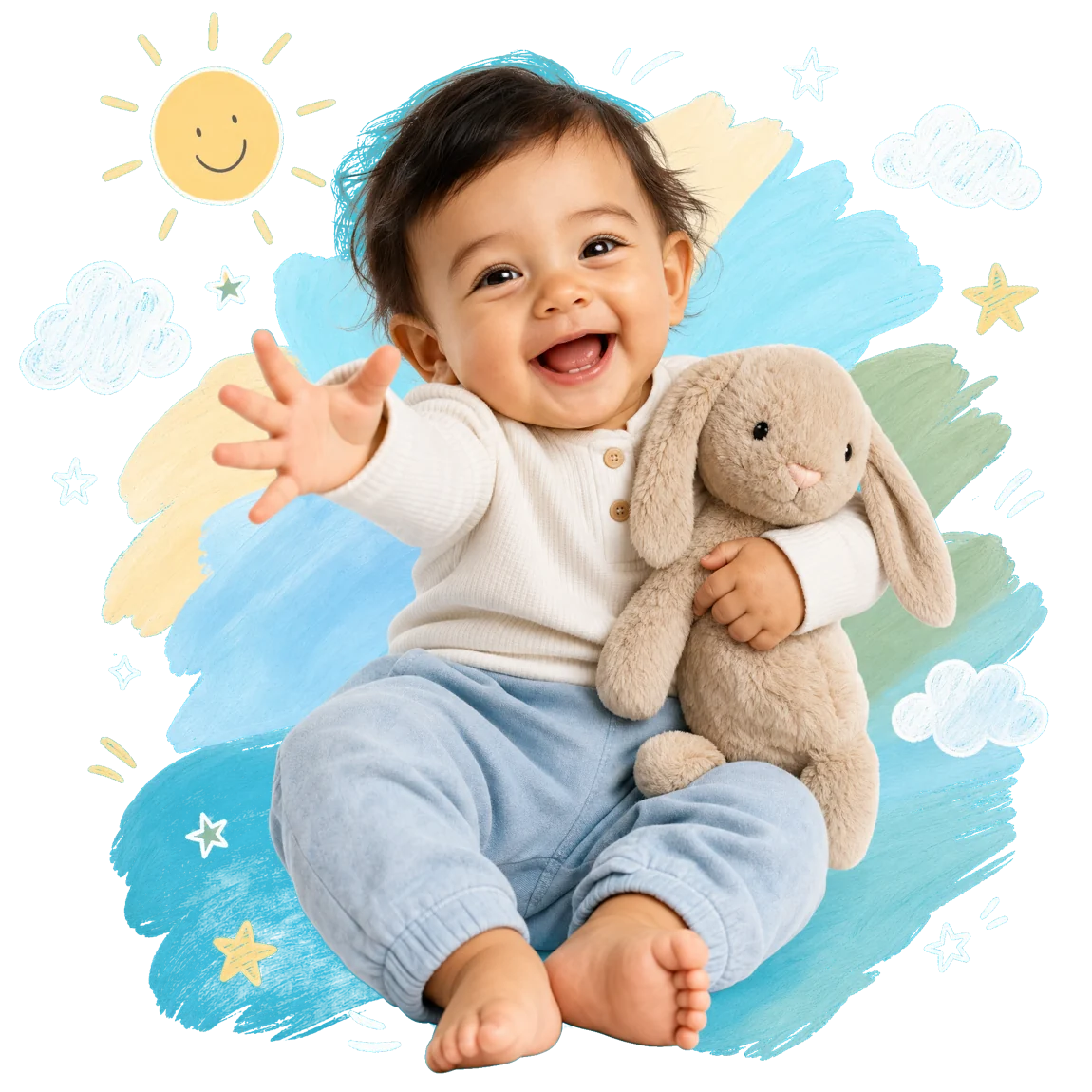 A happy baby cuddling a Max & Boo plush bunny